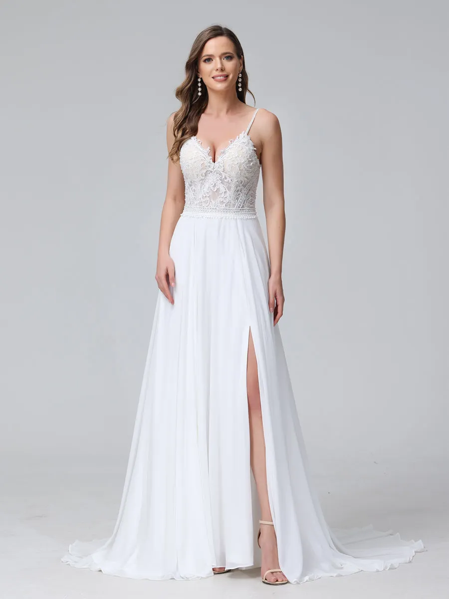 A-Line Spaghetti Straps V-Neck Sleeveless Long Chiffon Wedding Dresses With Applique Split Side sold by Lavetir product image thumbnail 3