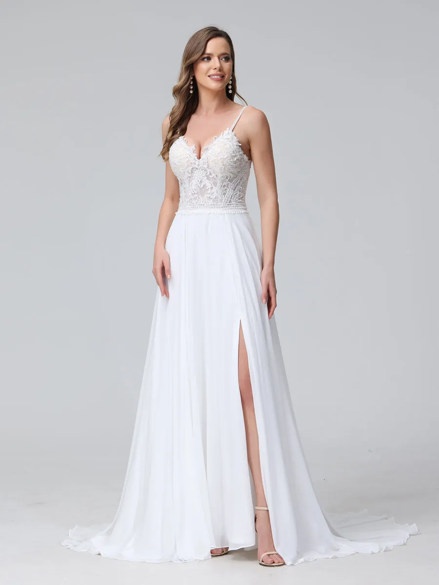 A-Line Spaghetti Straps V-Neck Sleeveless Long Chiffon Wedding Dresses With Applique Split Side sold by Lavetir product image thumbnail 4