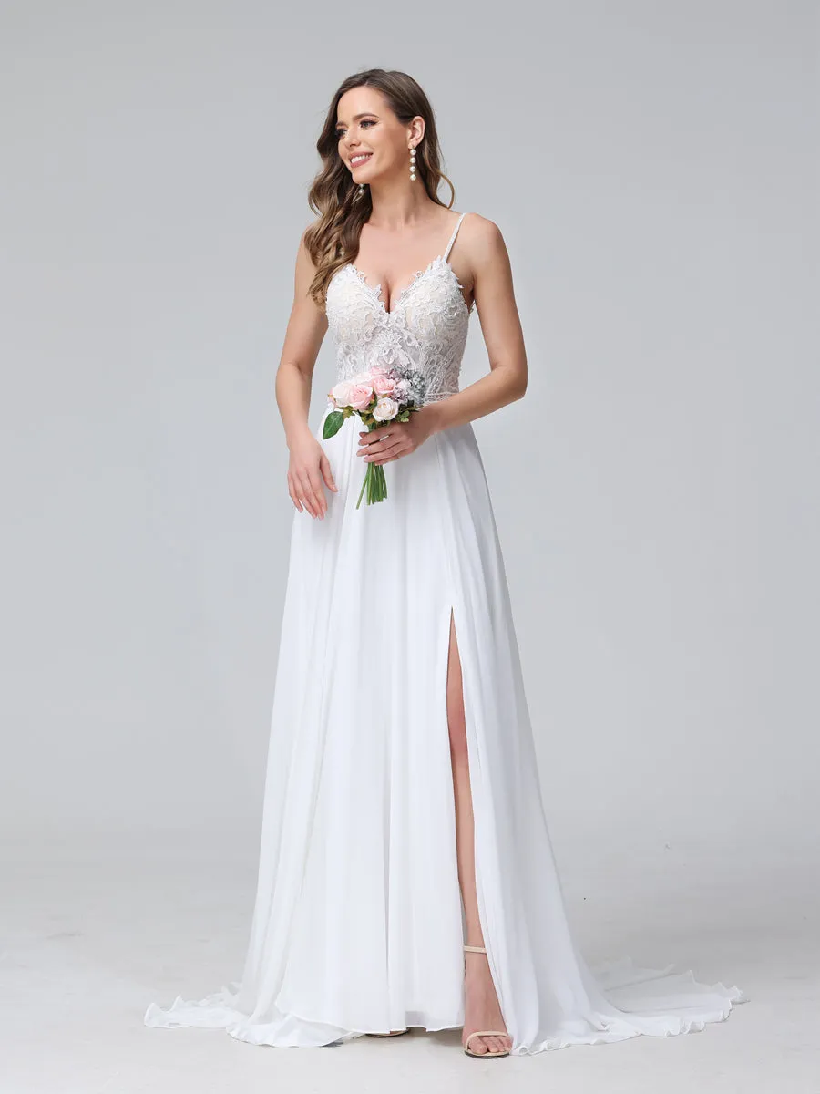 A-Line Spaghetti Straps V-Neck Sleeveless Long Chiffon Wedding Dresses With Applique Split Side sold by Lavetir