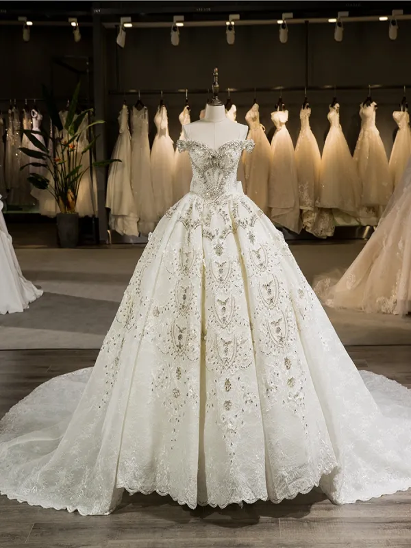 Gorgeous Off-the-Shoulder Chapel Train Ball Gown Wedding Dresses with Bowknot & Beading Appliques sold by Lavetir