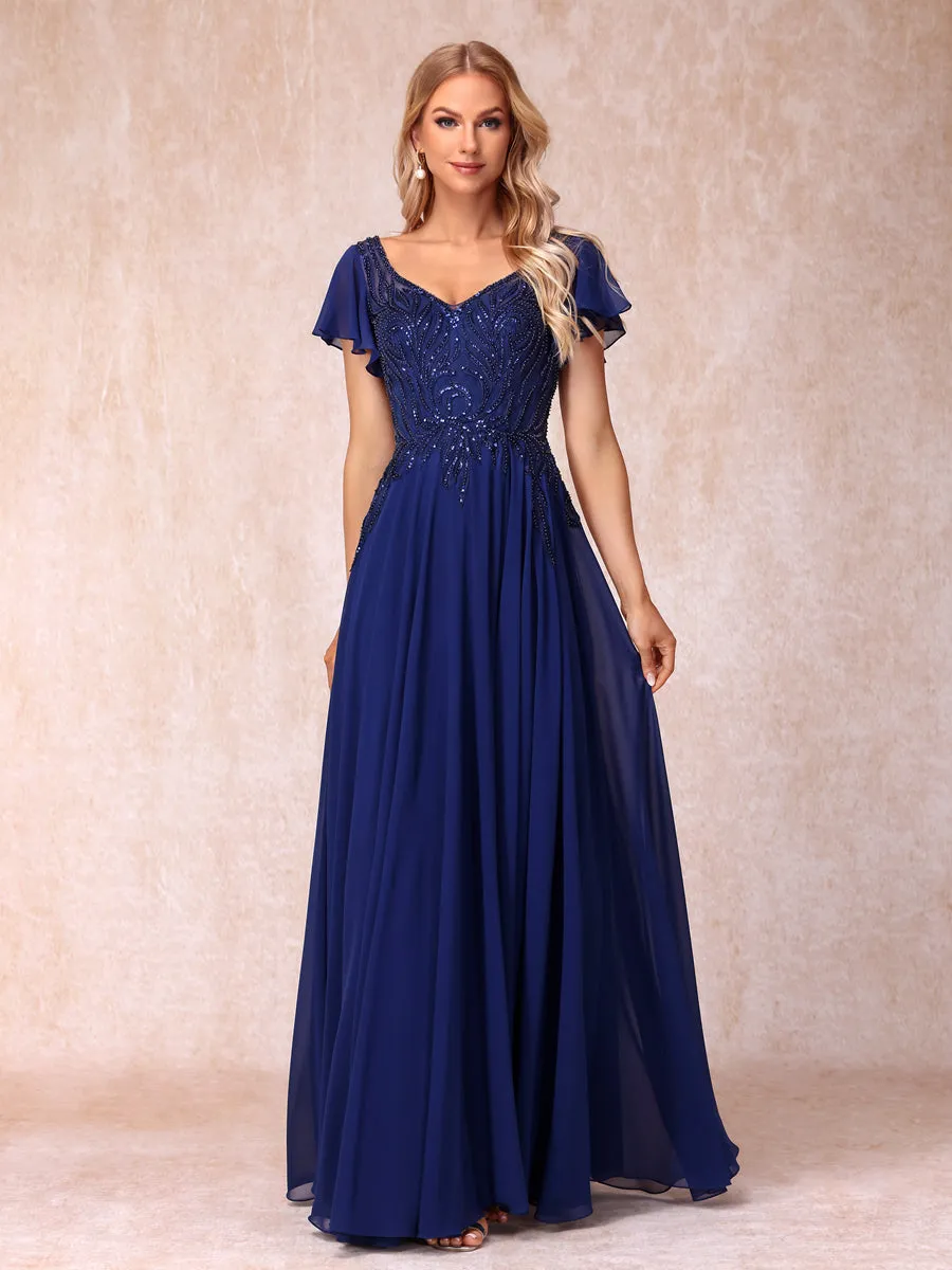 A-Line/Princess V-Neck Short Sleeves Long Formal Evening Dresses with Beading & Sequins sold by Lavetir
