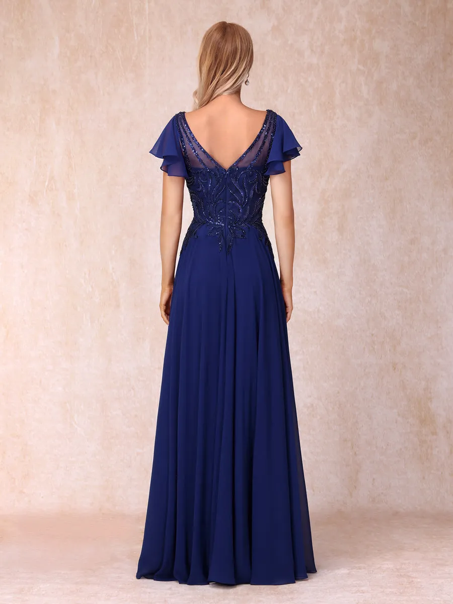 A-Line/Princess V-Neck Short Sleeves Long Formal Evening Dresses with Beading & Sequins sold by Lavetir product image thumbnail 2