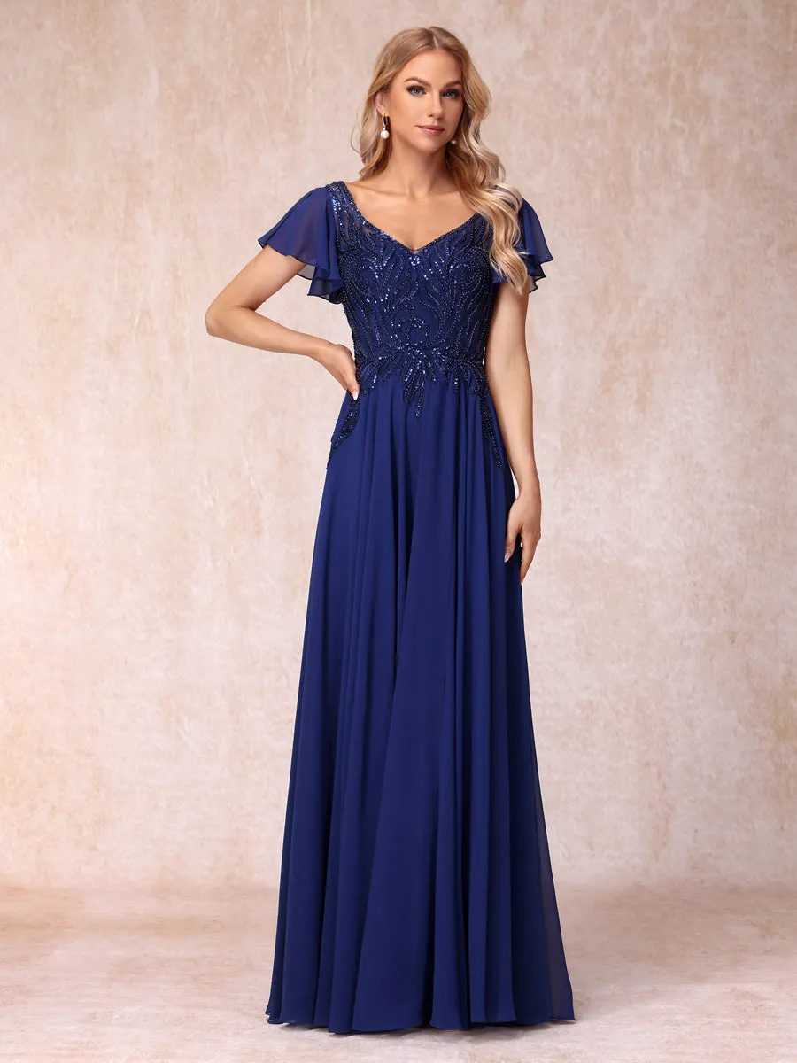 A-Line/Princess V-Neck Short Sleeves Long Formal Evening Dresses with Beading & Sequins sold by Lavetir product image thumbnail 3