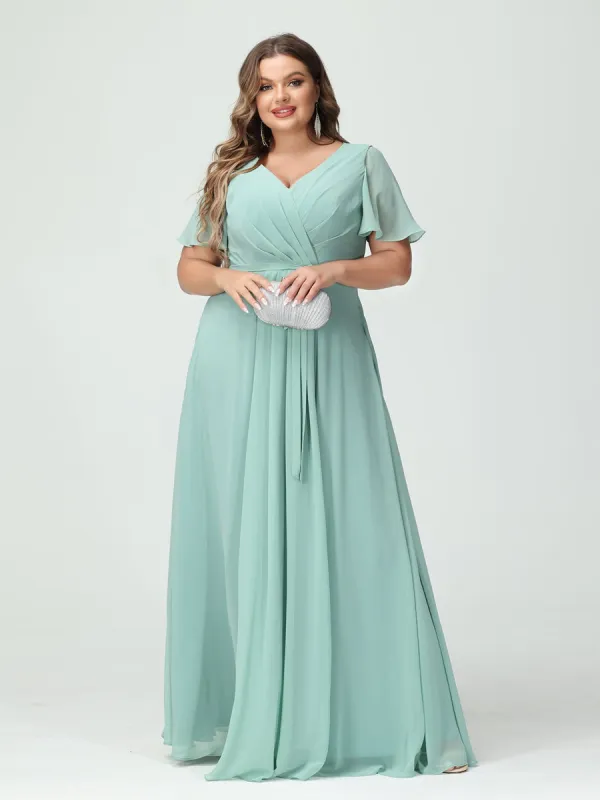 A-Line/Princess V-Neck Short Sleeves Chiffon Split Side Plus Size Bridesmaid Dresses with Pockets Belt sold by Lavetir