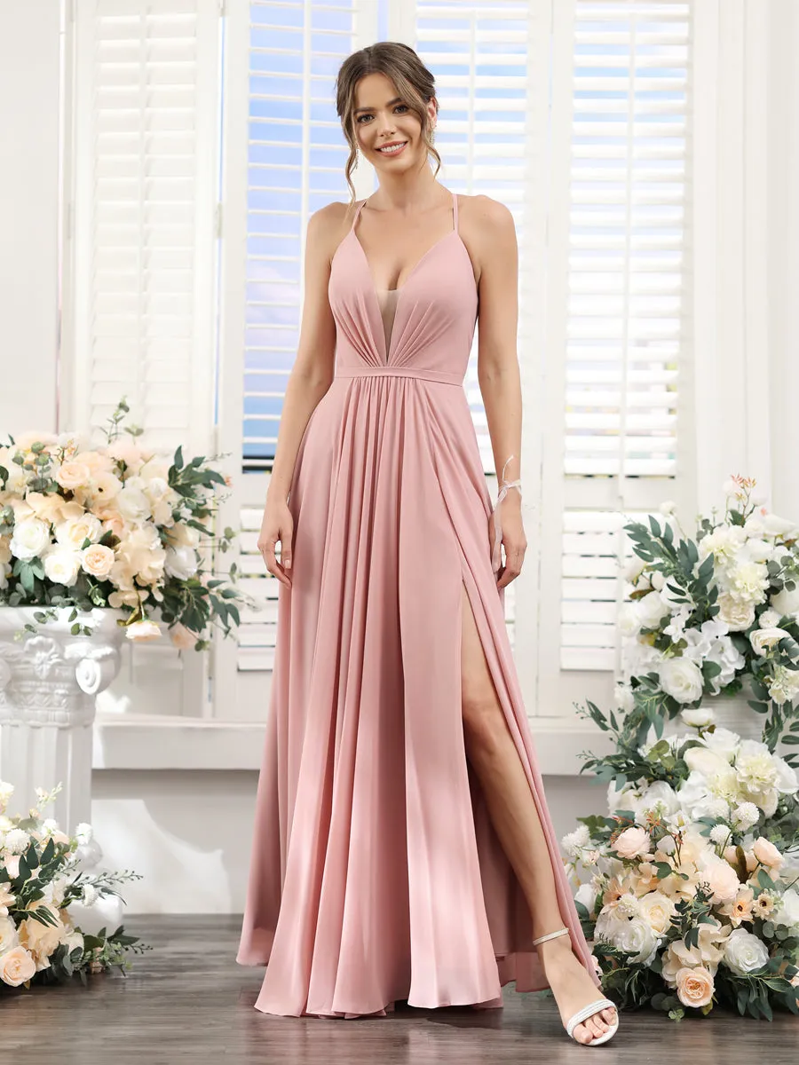A-Line Spaghetti Straps Sleeveless Backless Split Side Floor-Length Chiffon Bridesmaid Dresses sold by Lavetir product image thumbnail 4
