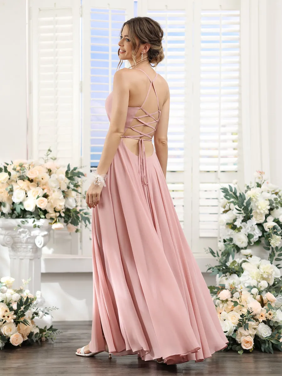 A-Line Spaghetti Straps Sleeveless Backless Split Side Floor-Length Chiffon Bridesmaid Dresses sold by Lavetir product image thumbnail 2