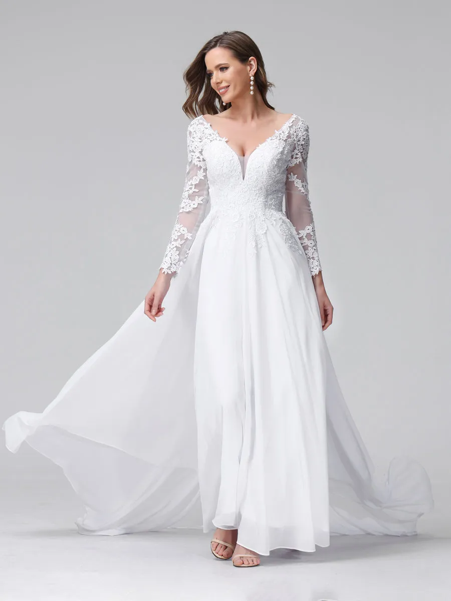 A-Line V-Neck Long Sleeves Long Chiffon Wedding Dresses with Lace Applique sold by Lavetir product image thumbnail 3