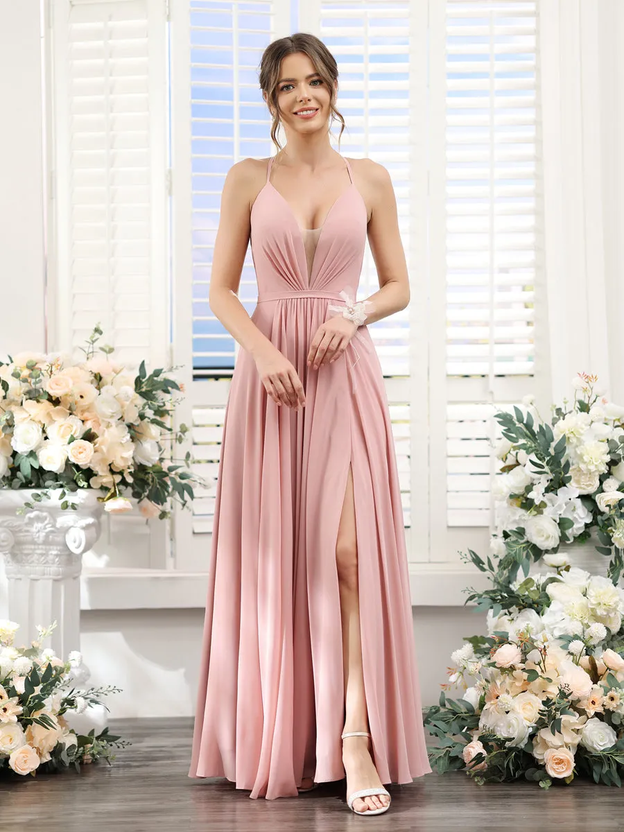 A-Line Spaghetti Straps Sleeveless Backless Split Side Floor-Length Chiffon Bridesmaid Dresses sold by Lavetir product image thumbnail 3