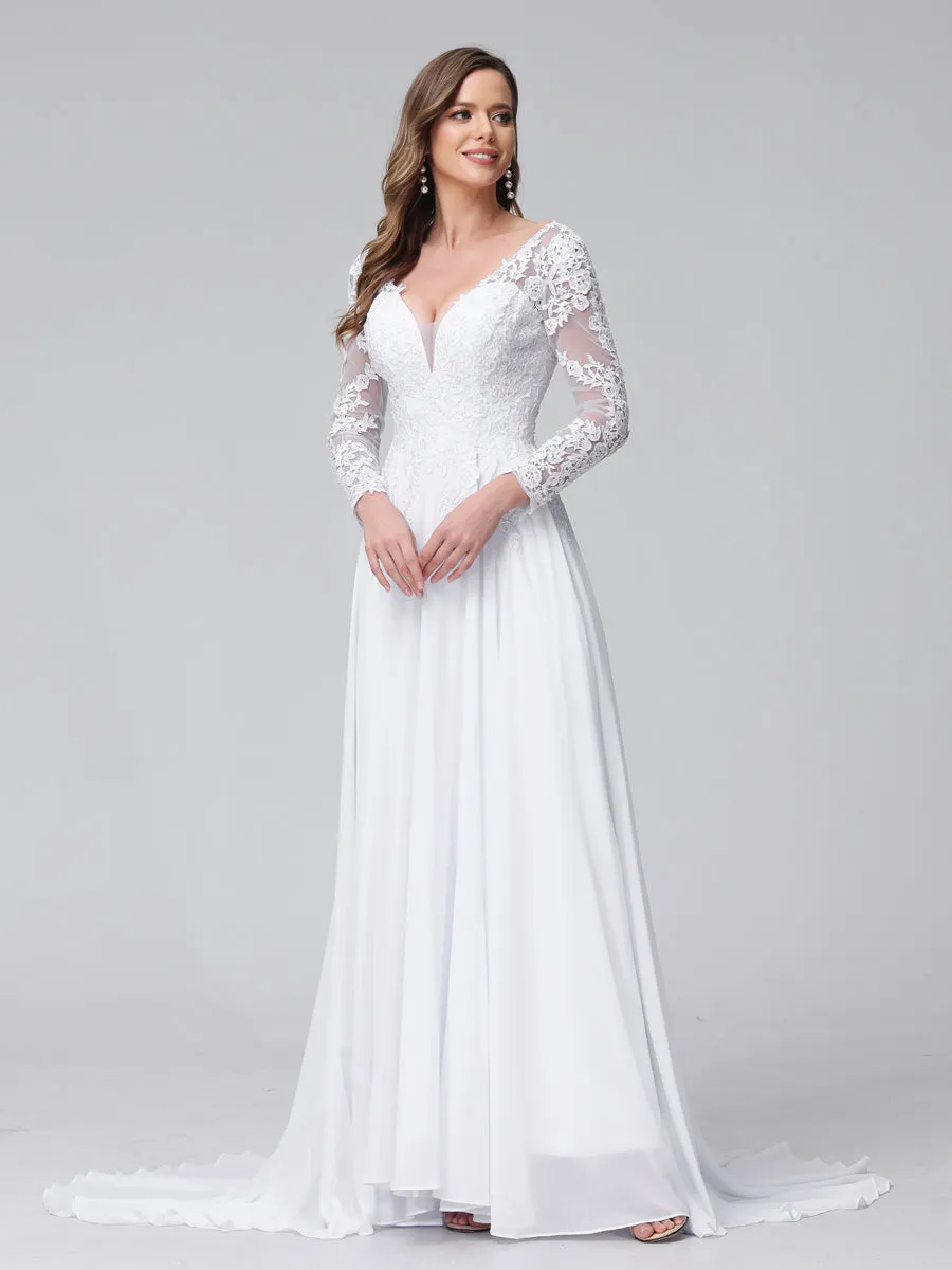 A-Line V-Neck Long Sleeves Long Chiffon Wedding Dresses with Lace Applique sold by Lavetir product image thumbnail 4