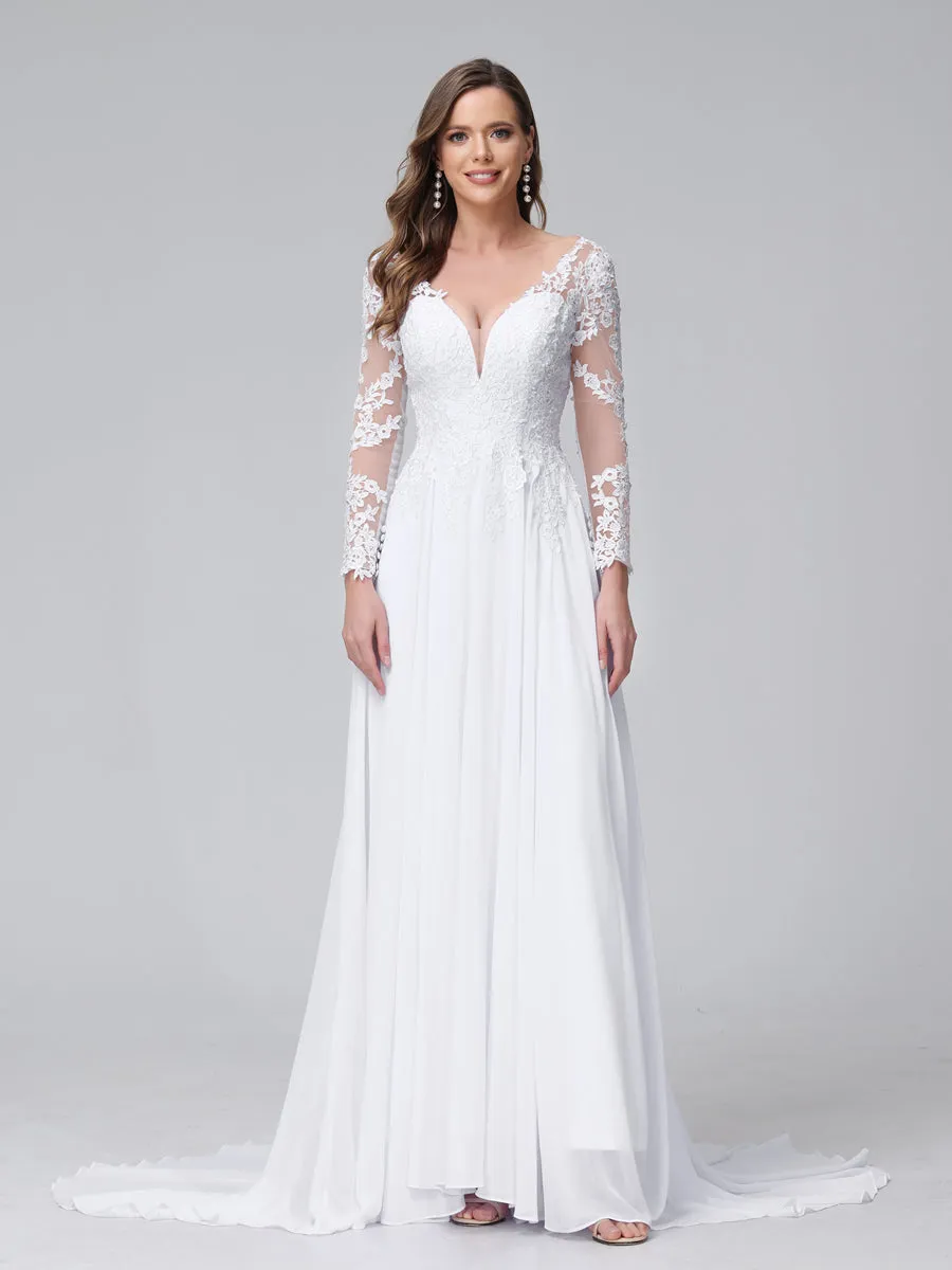 A-Line V-Neck Long Sleeves Long Chiffon Wedding Dresses with Lace Applique sold by Lavetir