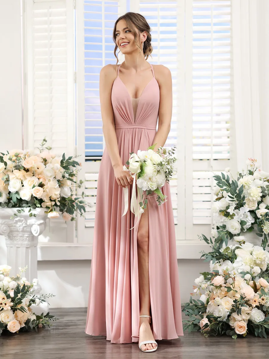 A-Line Spaghetti Straps Sleeveless Backless Split Side Floor-Length Chiffon Bridesmaid Dresses sold by Lavetir