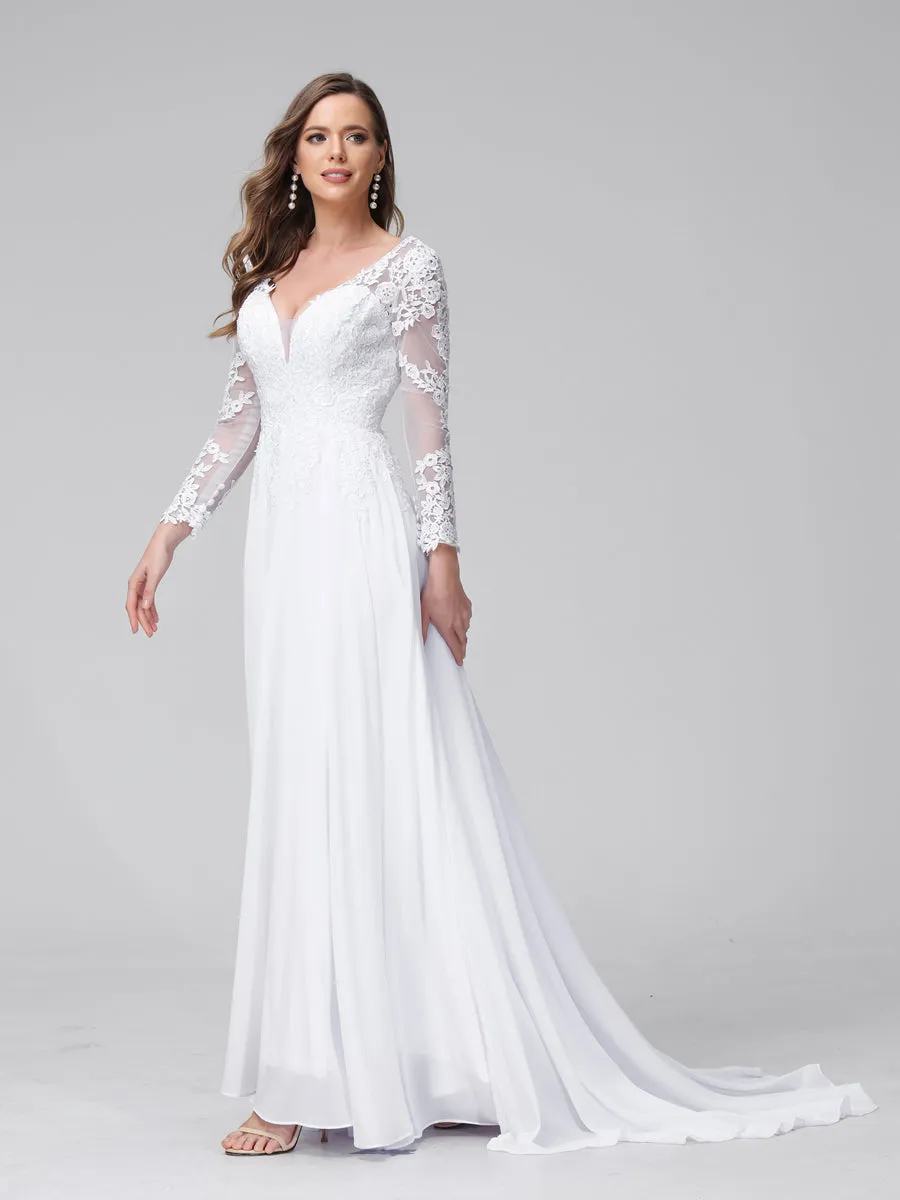 A-Line V-Neck Long Sleeves Long Chiffon Wedding Dresses with Lace Applique sold by Lavetir product image thumbnail 5