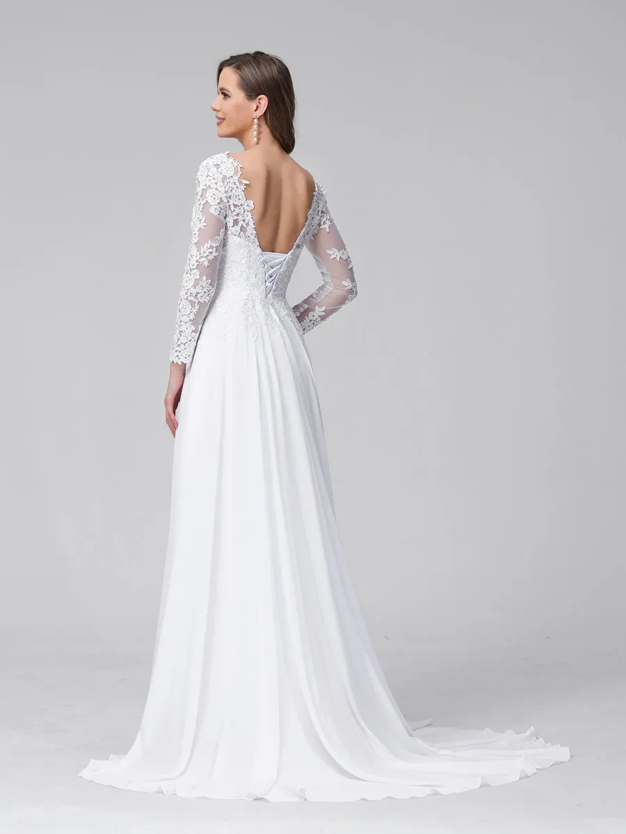 A-Line V-Neck Long Sleeves Long Chiffon Wedding Dresses with Lace Applique sold by Lavetir product image thumbnail 2