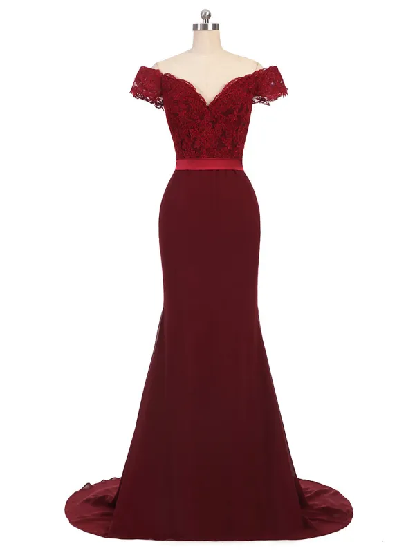 Trumpet/Mermaid Off-the-Shoulder V-Neck Split With Applique Floor-Length Bridesmaid Dresses sold by Lavetir