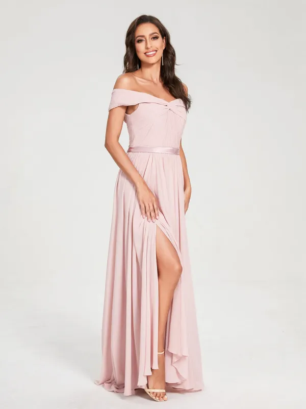 A-Line/Princess Chiffon Off-the-Shoulder Sleeveless Floor-Length Split Side With Belt Bridesmaid Dresses sold by Lavetir