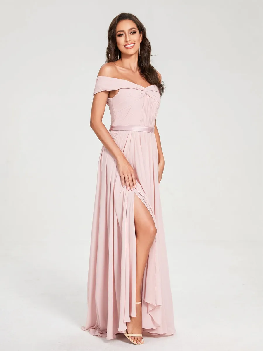 A-Line/Princess Chiffon Off-the-Shoulder Sleeveless Floor-Length Split Side With Belt Bridesmaid Dresses sold by Lavetir