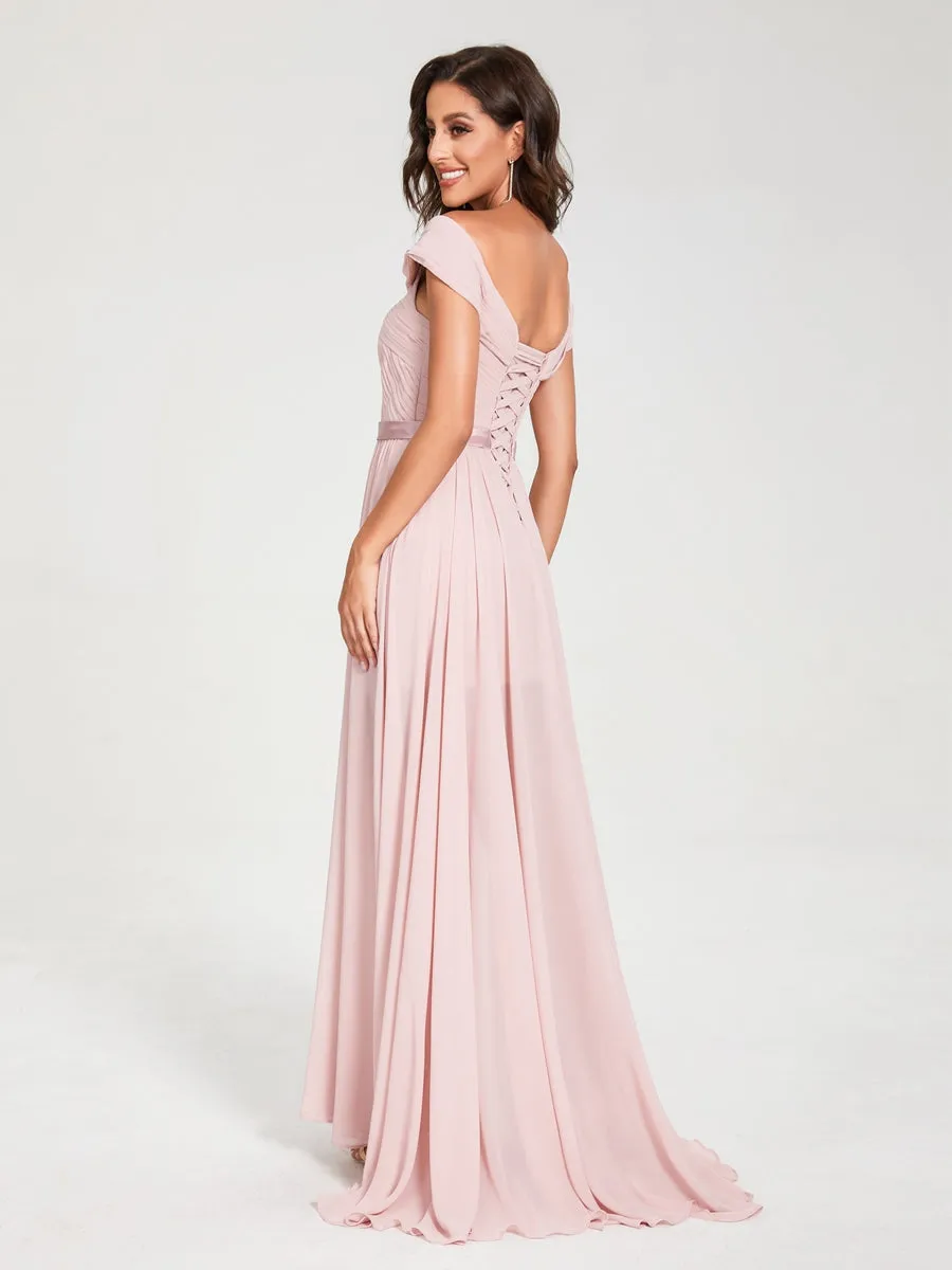 A-Line/Princess Chiffon Off-the-Shoulder Sleeveless Floor-Length Split Side With Belt Bridesmaid Dresses sold by Lavetir product image thumbnail 2