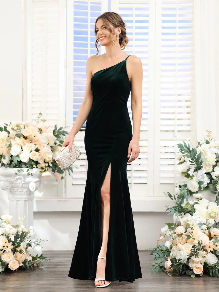 Sheath One Shoulder Sleeveless Split Side Floor-Length Velvet Dresses sold by Lavetir product image thumbnail 5