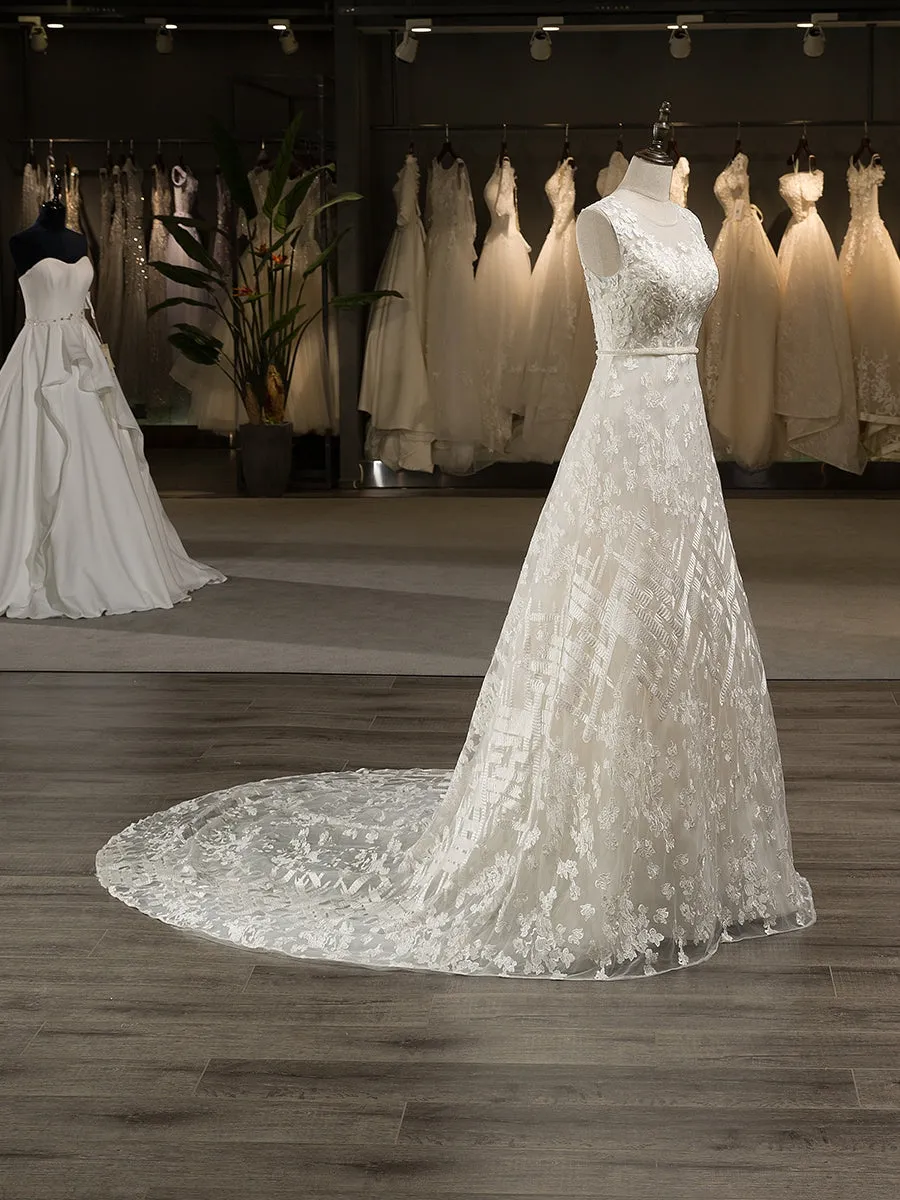 A-Line/Princess Scoop Sleeveless Tulle Applique Covered Button Court Train Wedding Dresses sold by Lavetir product image thumbnail 3