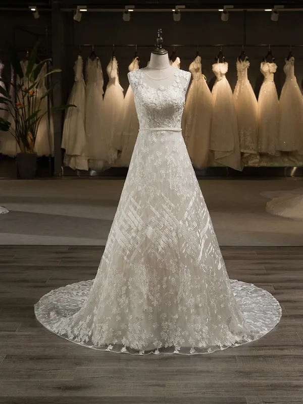 A-Line/Princess Scoop Sleeveless Tulle Applique Covered Button Court Train Wedding Dresses sold by Lavetir