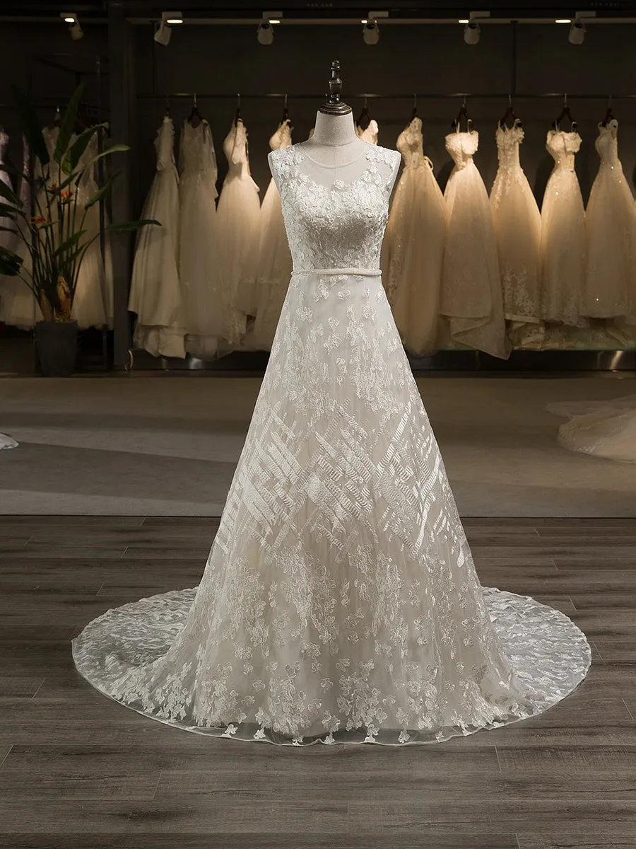 A-Line/Princess Scoop Sleeveless Tulle Applique Covered Button Court Train Wedding Dresses sold by Lavetir