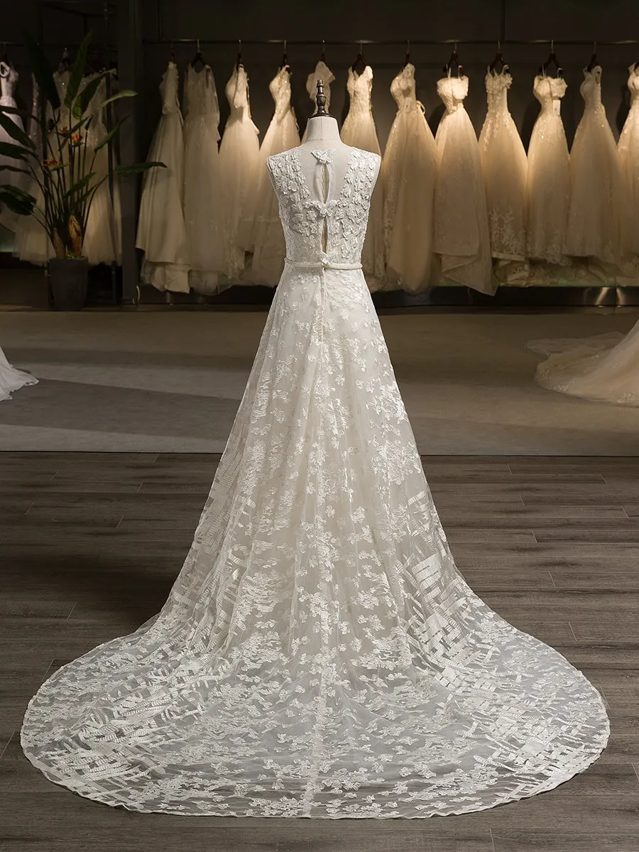 A-Line/Princess Scoop Sleeveless Tulle Applique Covered Button Court Train Wedding Dresses sold by Lavetir product image thumbnail 2