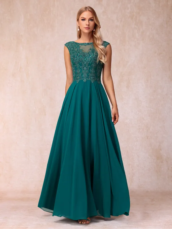 A-Line/Princess Sheer Neck Sleeveless Long Formal Evening Dresses with Beading & Appliques sold by Lavetir