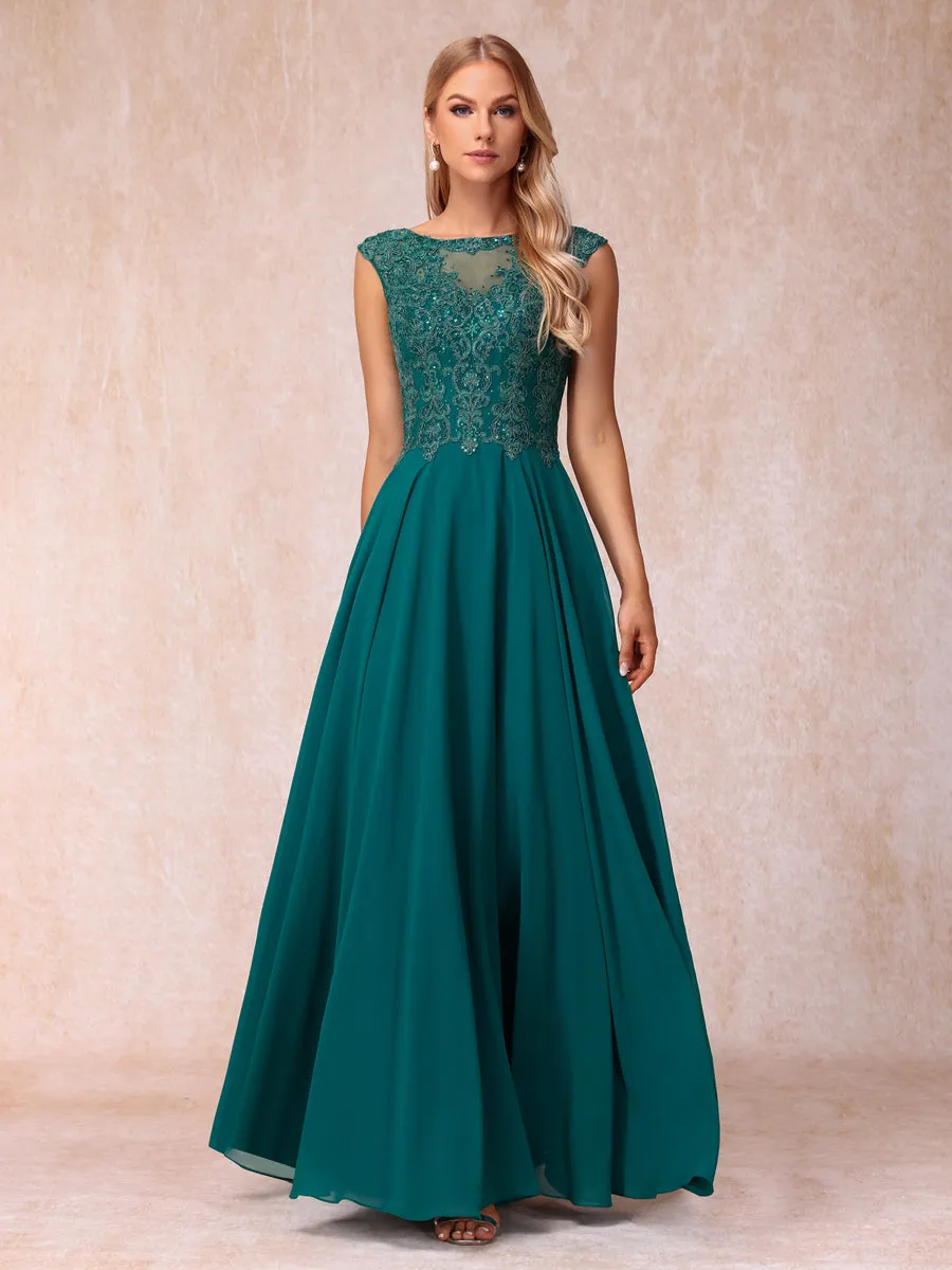 A-Line/Princess Sheer Neck Sleeveless Long Formal Evening Dresses with Beading & Appliques sold by Lavetir