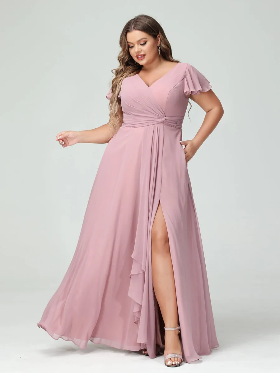 A-Line/Princess V-Neck Short Sleeves Chiffon Ruffles Split Side Plus Size Bridesmaid Dresses with Pockets sold by Lavetir product image thumbnail 5
