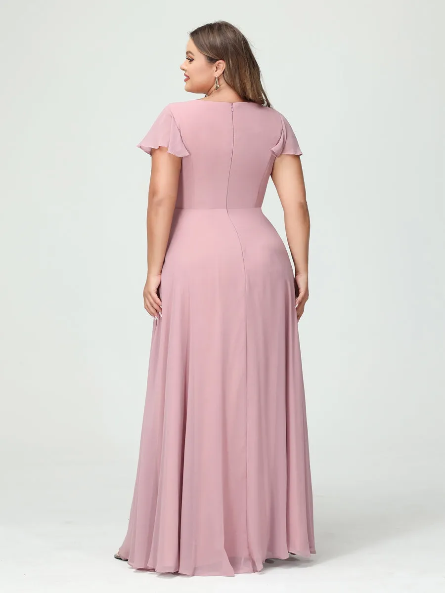 A-Line/Princess V-Neck Short Sleeves Chiffon Ruffles Split Side Plus Size Bridesmaid Dresses with Pockets sold by Lavetir product image thumbnail 2