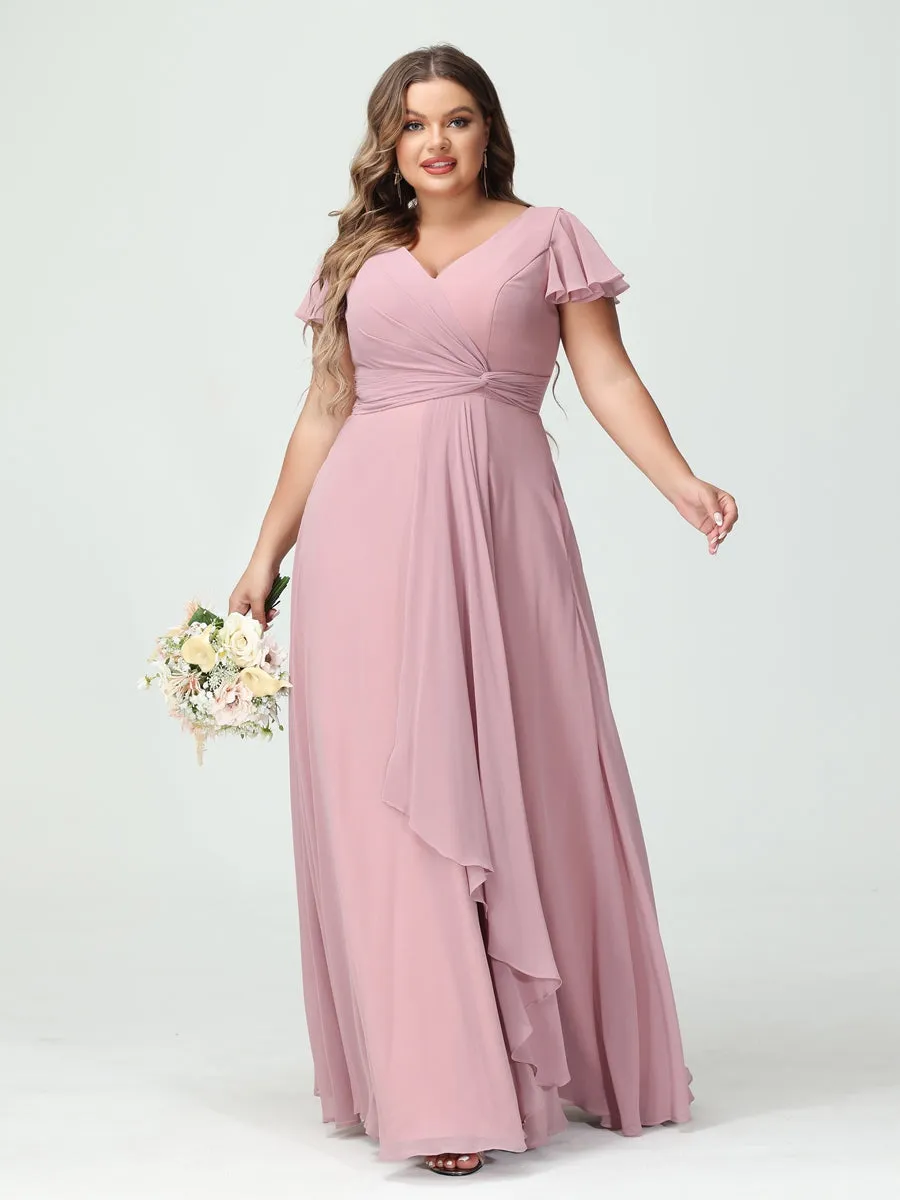 A-Line/Princess V-Neck Short Sleeves Chiffon Ruffles Split Side Plus Size Bridesmaid Dresses with Pockets sold by Lavetir product image thumbnail 3