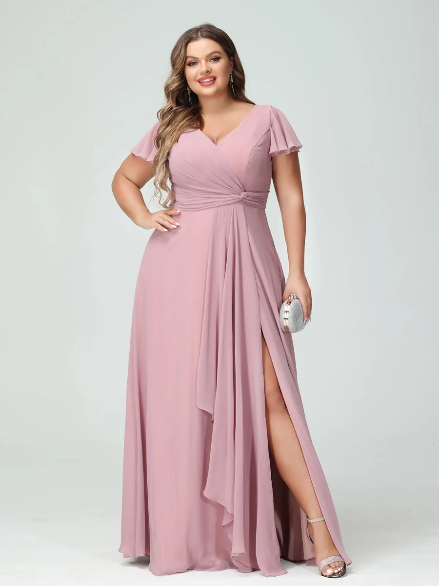 A-Line/Princess V-Neck Short Sleeves Chiffon Ruffles Split Side Plus Size Bridesmaid Dresses with Pockets sold by Lavetir product image thumbnail 4