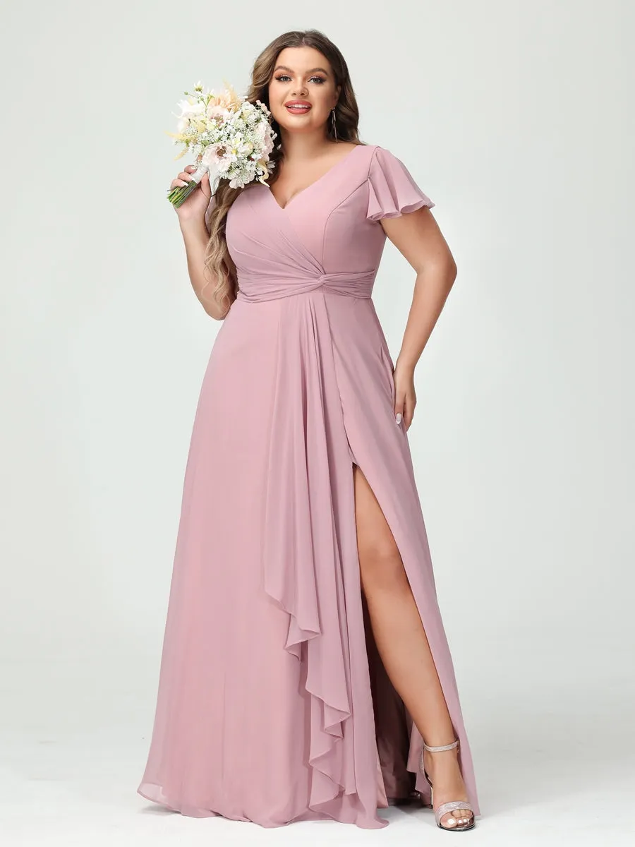 A-Line/Princess V-Neck Short Sleeves Chiffon Ruffles Split Side Plus Size Bridesmaid Dresses with Pockets sold by Lavetir