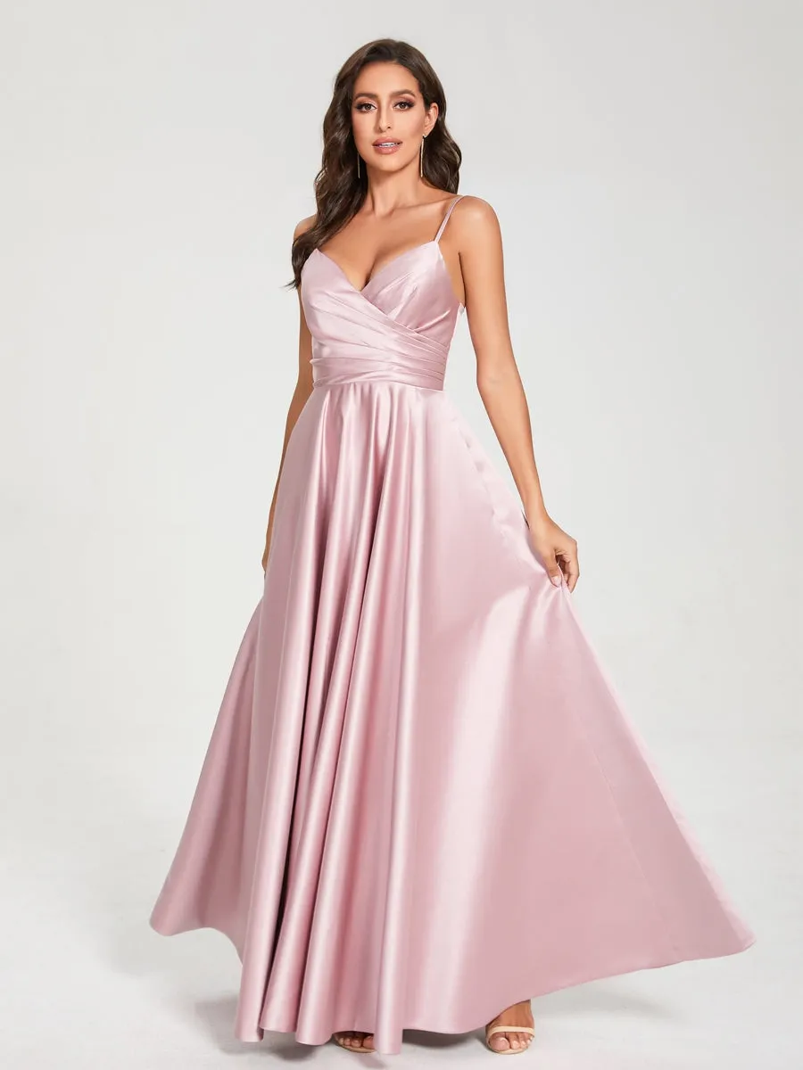 A-Line/Princess Satin V-Neck Sleeveless Floor-Length With Pockets Bridesmaid Dresses sold by Lavetir product image thumbnail 4