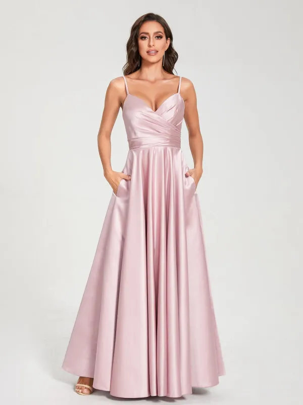 A-Line/Princess Satin V-Neck Sleeveless Floor-Length With Pockets Bridesmaid Dresses sold by Lavetir