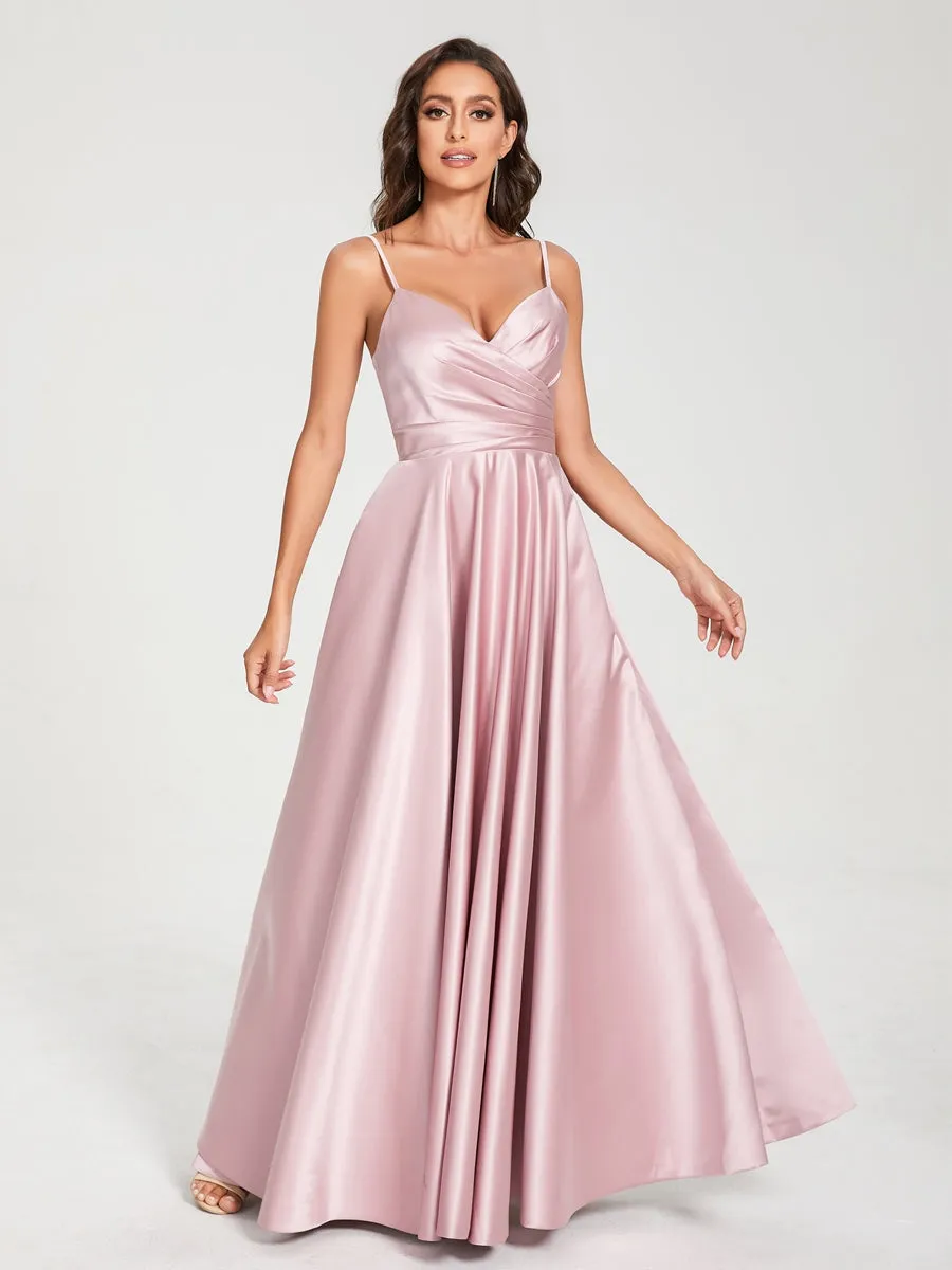 A-Line/Princess Satin V-Neck Sleeveless Floor-Length With Pockets Bridesmaid Dresses sold by Lavetir product image thumbnail 5