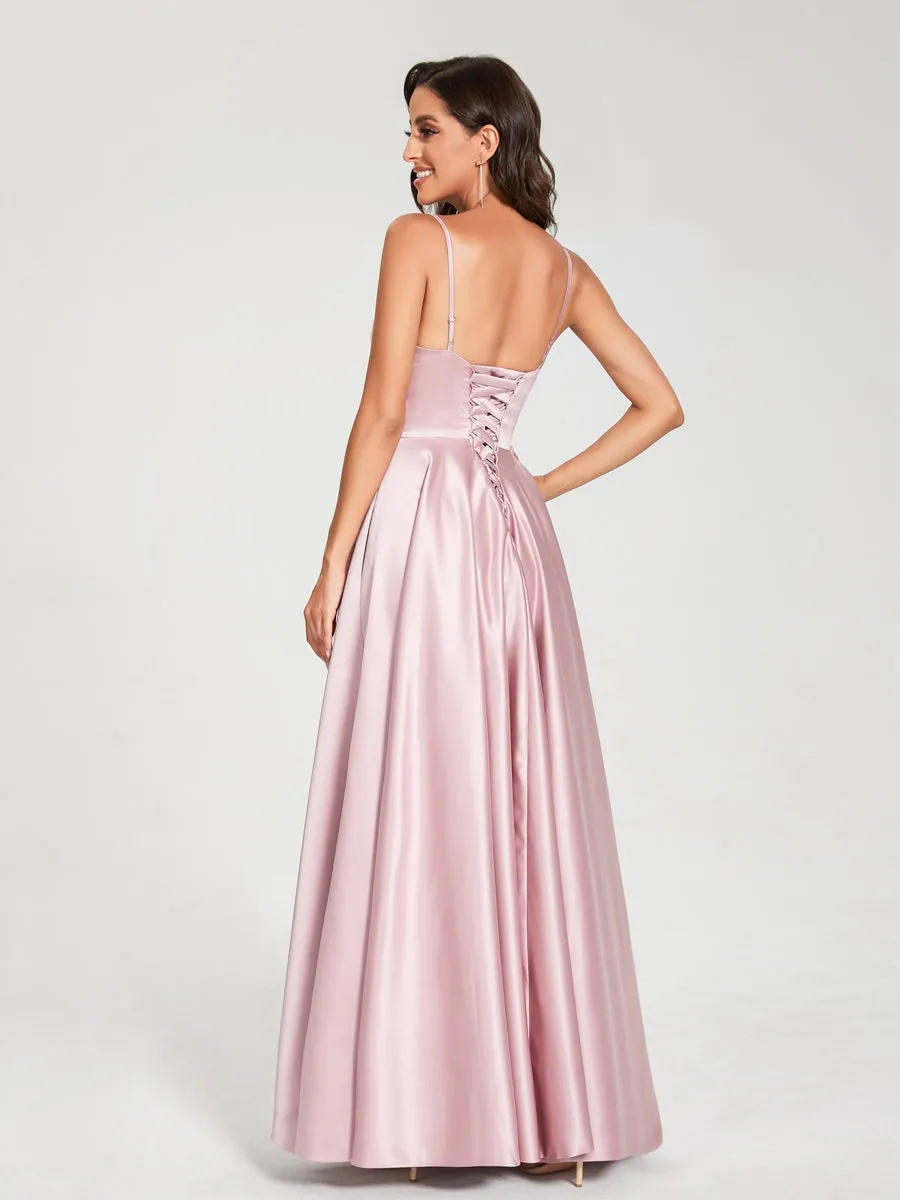 A-Line/Princess Satin V-Neck Sleeveless Floor-Length With Pockets Bridesmaid Dresses sold by Lavetir product image thumbnail 2