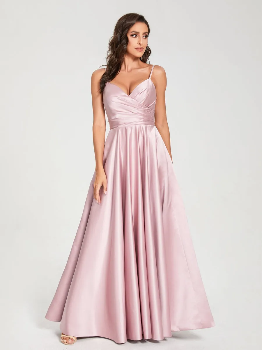 A-Line/Princess Satin V-Neck Sleeveless Floor-Length With Pockets Bridesmaid Dresses sold by Lavetir product image thumbnail 3
