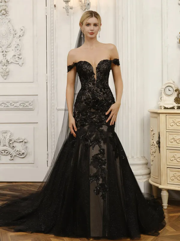 Off-the-Shoulder Tulle Mermaid Wedding Dresses with Appliques & Beading sold by Lavetir