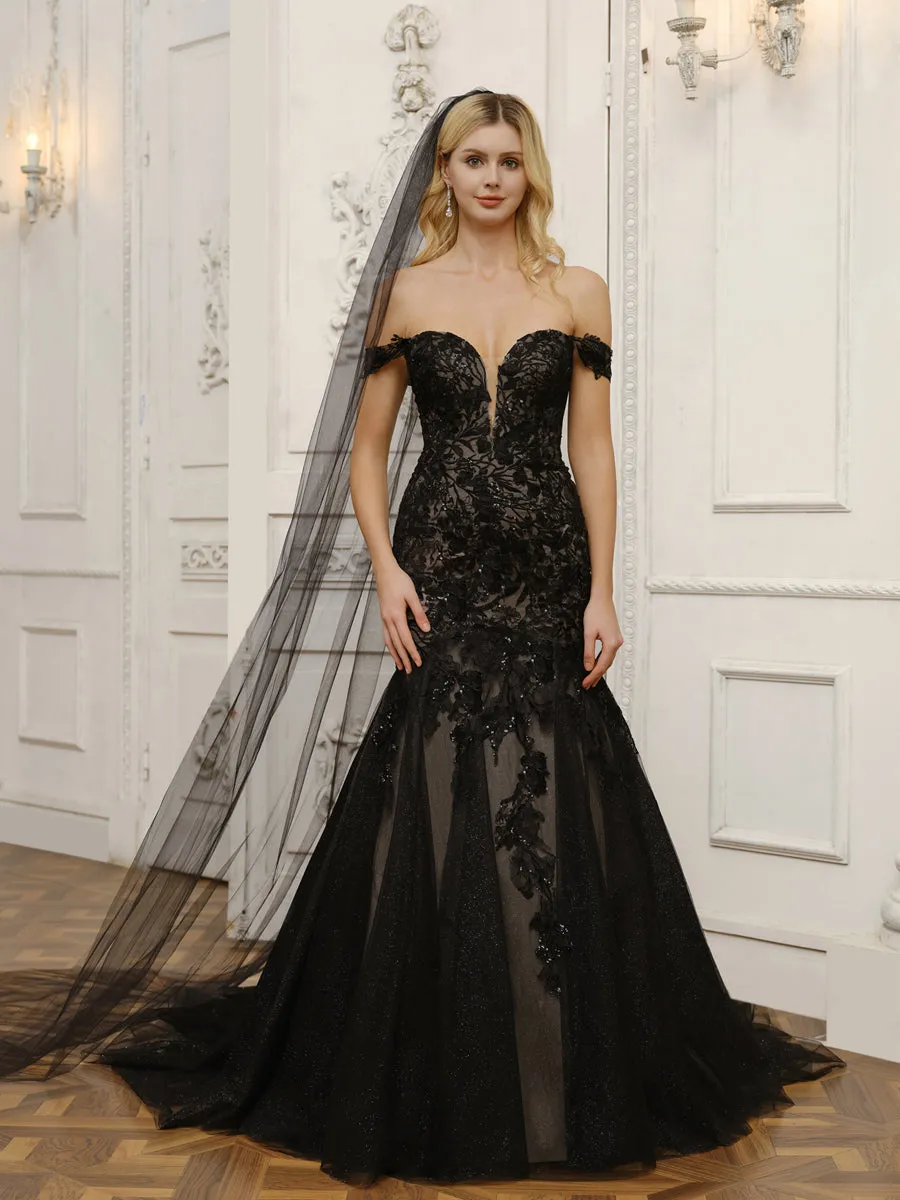 Off-the-Shoulder Tulle Mermaid Wedding Dresses with Appliques & Beading sold by Lavetir product image thumbnail 3