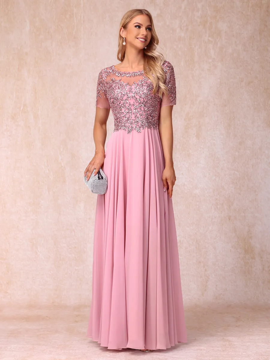 A-Line/Princess Sheer Neck Short Sleeves Long Formal Evening Dresses with Sequins & Appliques sold by Lavetir