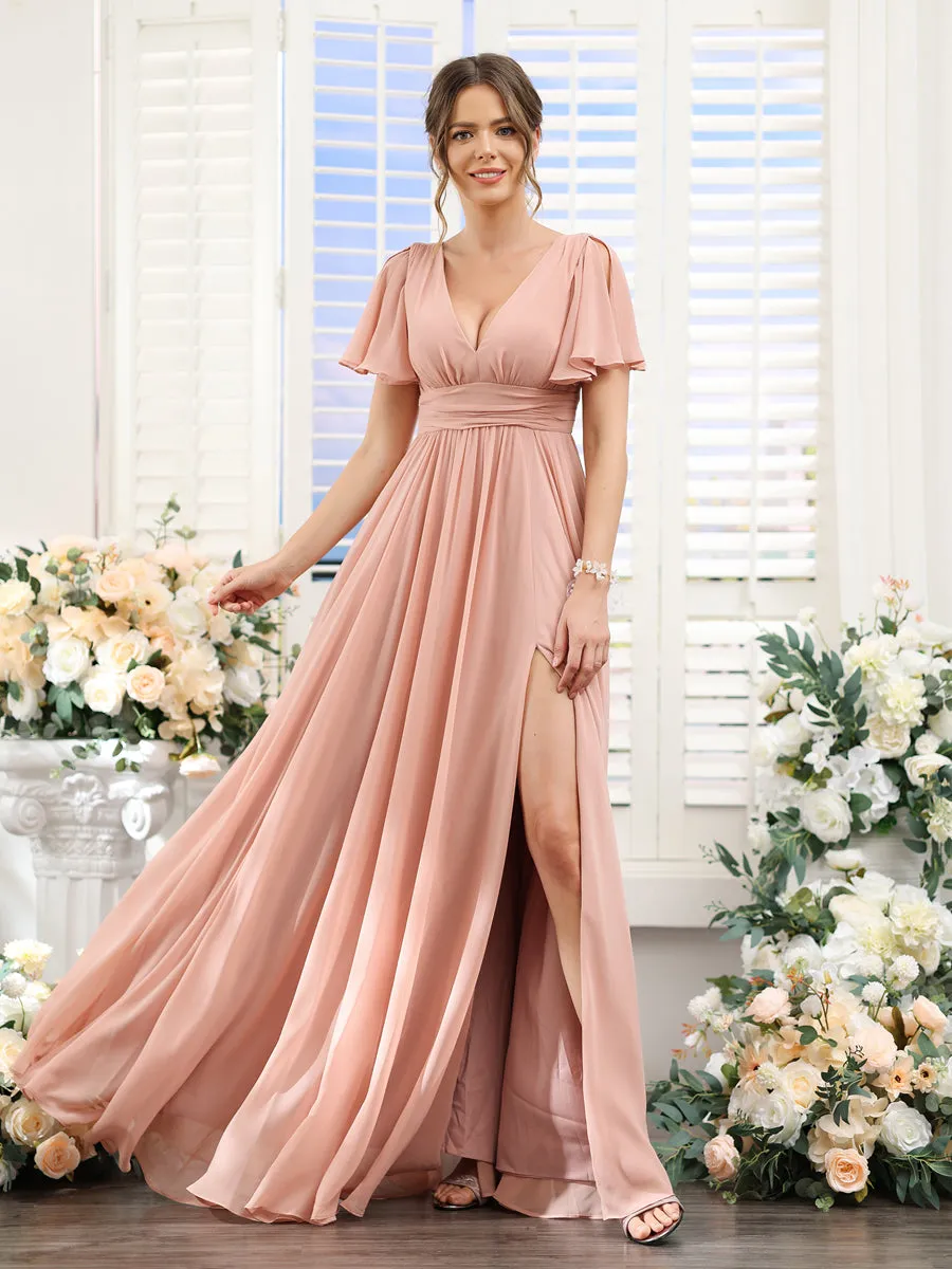 A-Line V-Neck Short Sleeves Split Side Floor-Length Chiffon Bridesmaid Dresses sold by Lavetir product image thumbnail 4