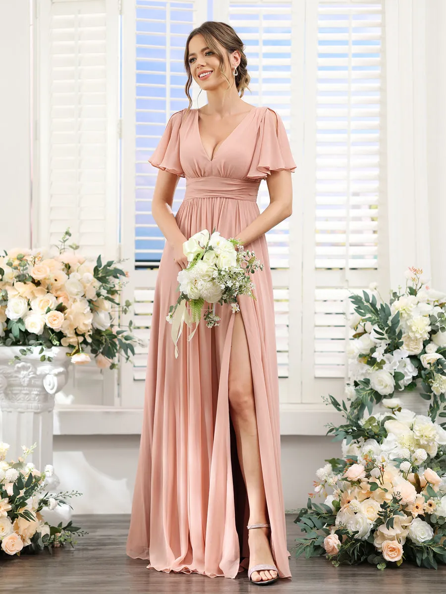 A-Line V-Neck Short Sleeves Split Side Floor-Length Chiffon Bridesmaid Dresses sold by Lavetir