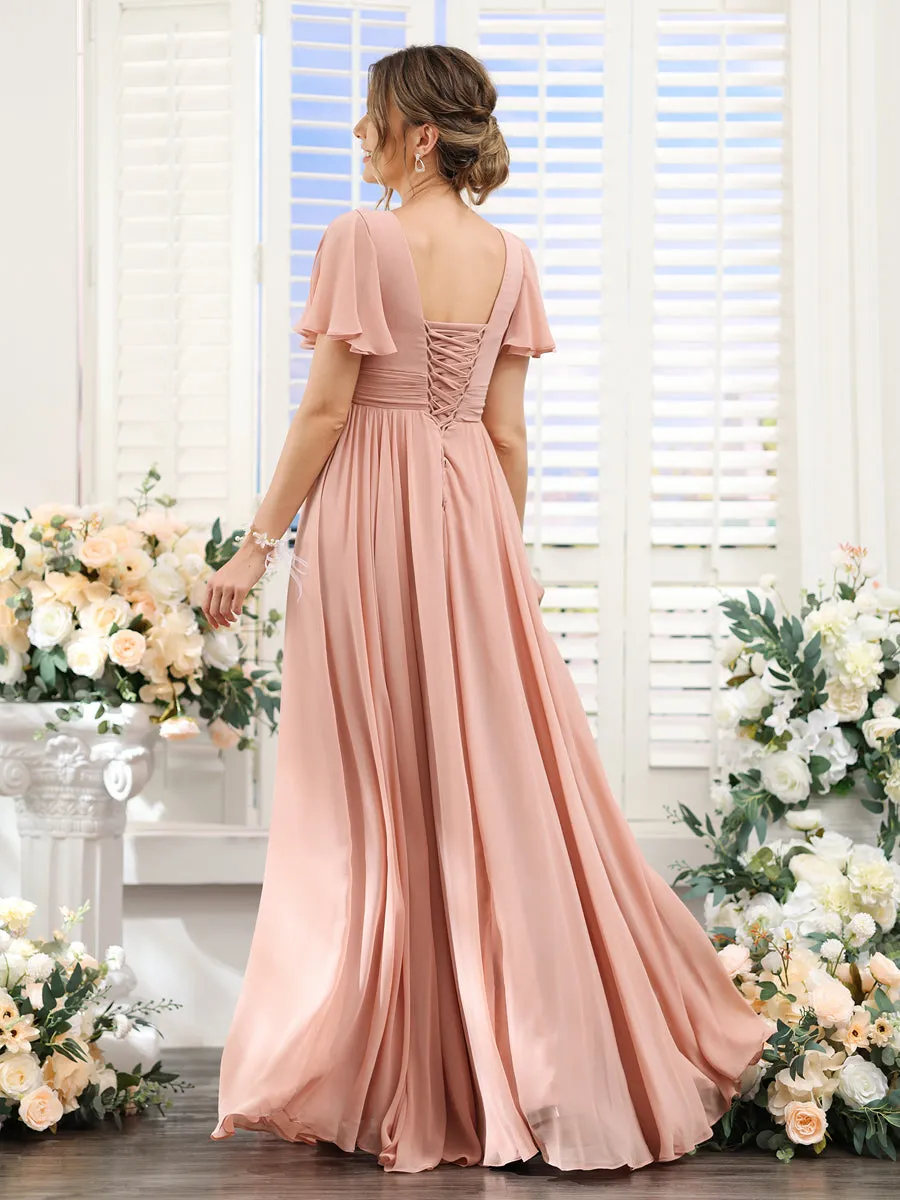 A-Line V-Neck Short Sleeves Split Side Floor-Length Chiffon Bridesmaid Dresses sold by Lavetir product image thumbnail 2