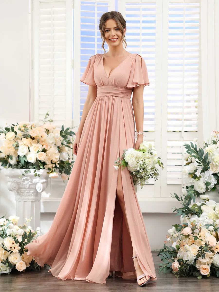 A-Line V-Neck Short Sleeves Split Side Floor-Length Chiffon Bridesmaid Dresses sold by Lavetir product image thumbnail 3