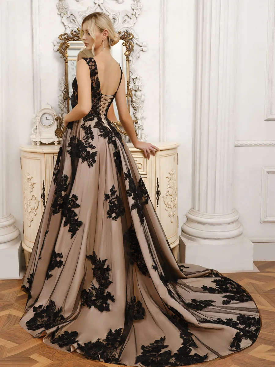 A-line V-Neck Sleeveless Tulle Long Wedding Dresses with Appliques sold by Lavetir product image thumbnail 2