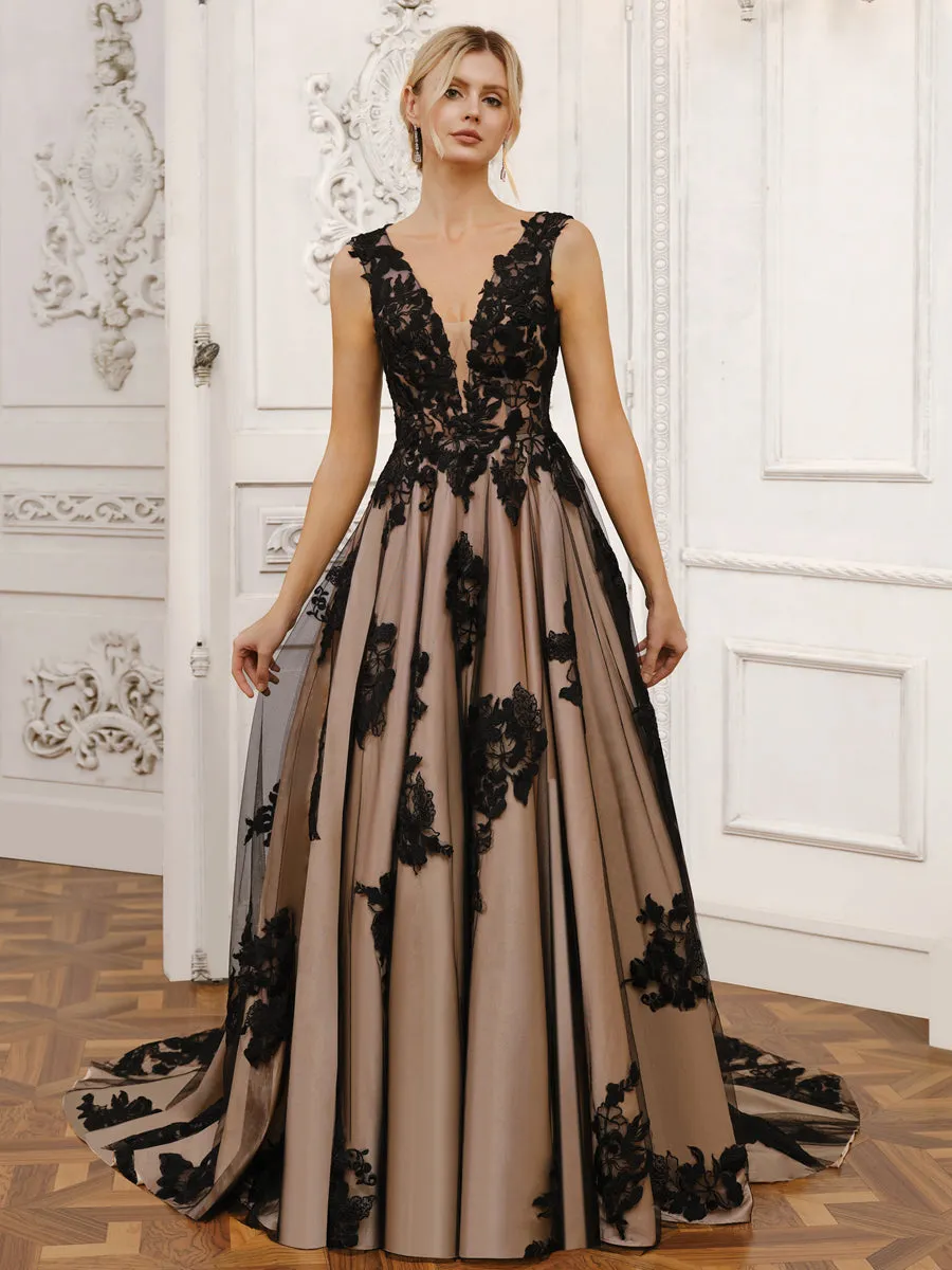 A-line V-Neck Sleeveless Tulle Long Wedding Dresses with Appliques sold by Lavetir product image thumbnail 4