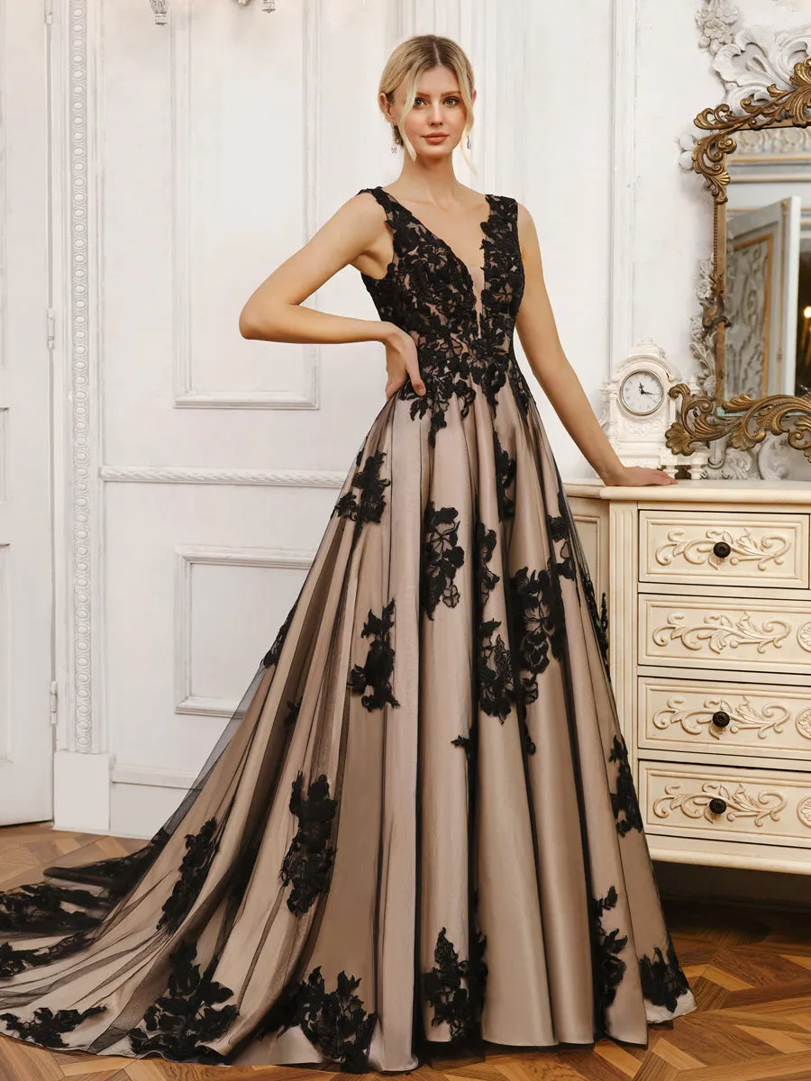 A-line V-Neck Sleeveless Tulle Long Wedding Dresses with Appliques sold by Lavetir product image thumbnail 5