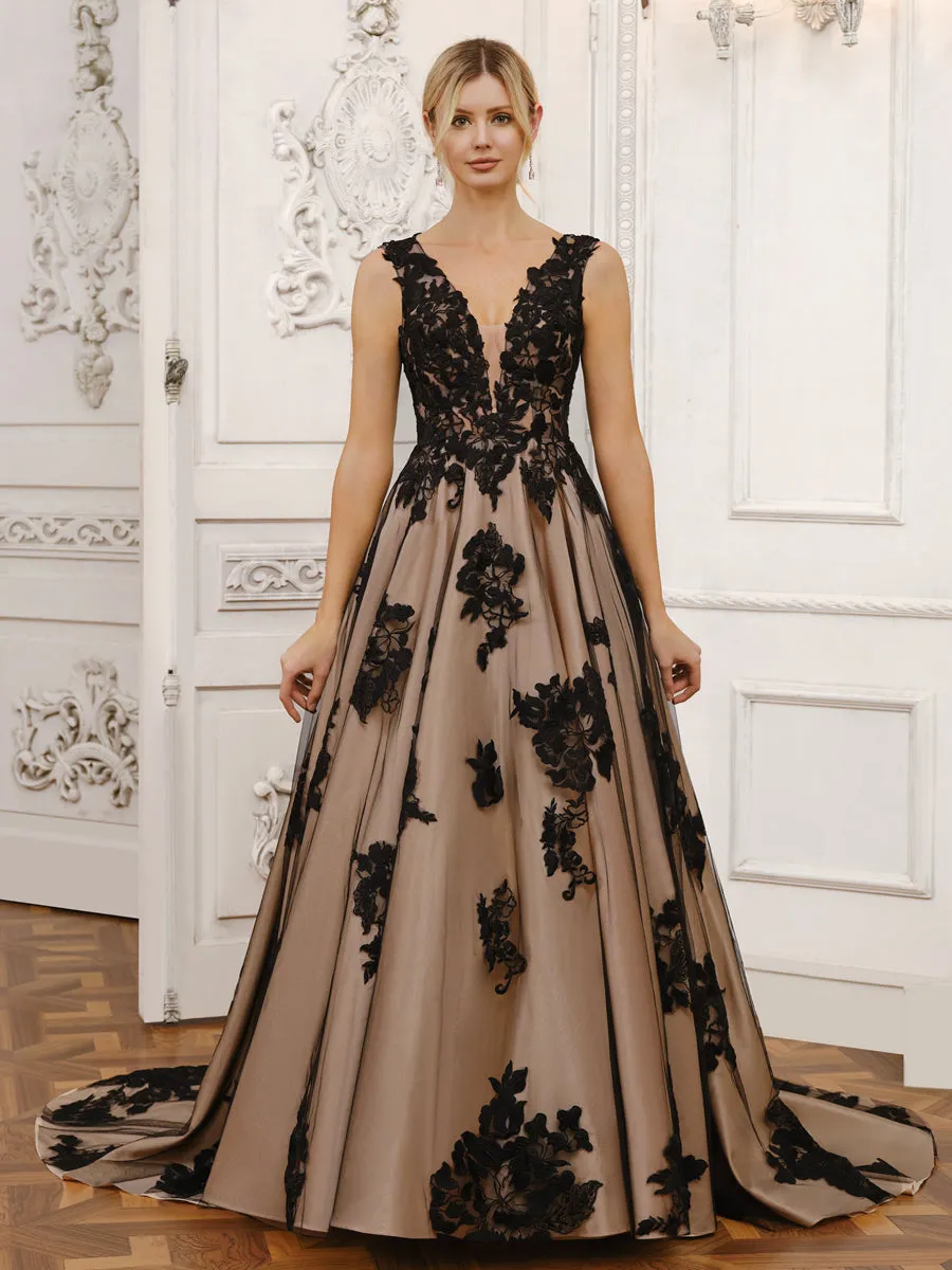 A-line V-Neck Sleeveless Tulle Long Wedding Dresses with Appliques sold by Lavetir product image thumbnail 3