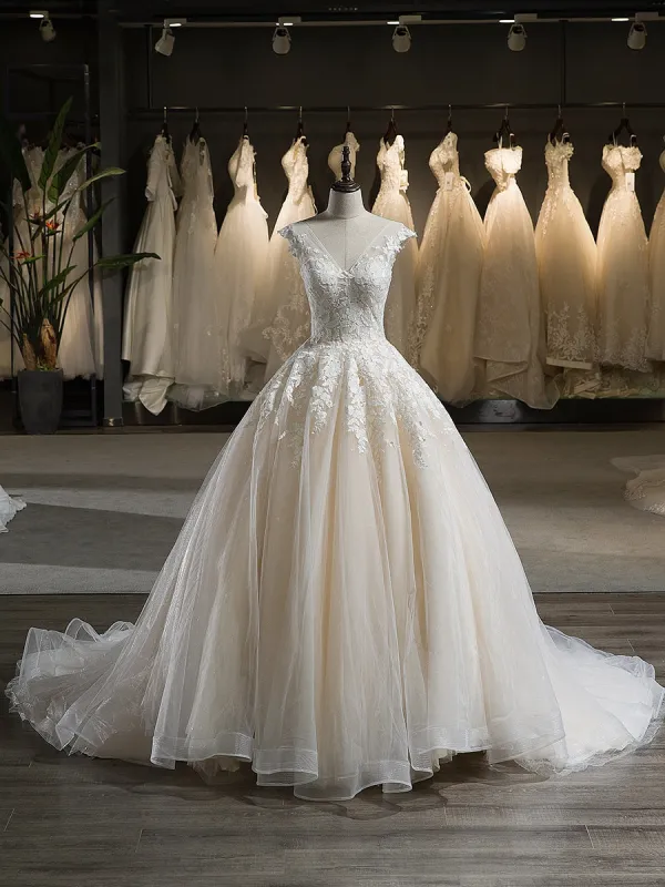 V-Neck Sleeveless Tulle Applique Court Train Ball Gown Wedding Dresses sold by Lavetir
